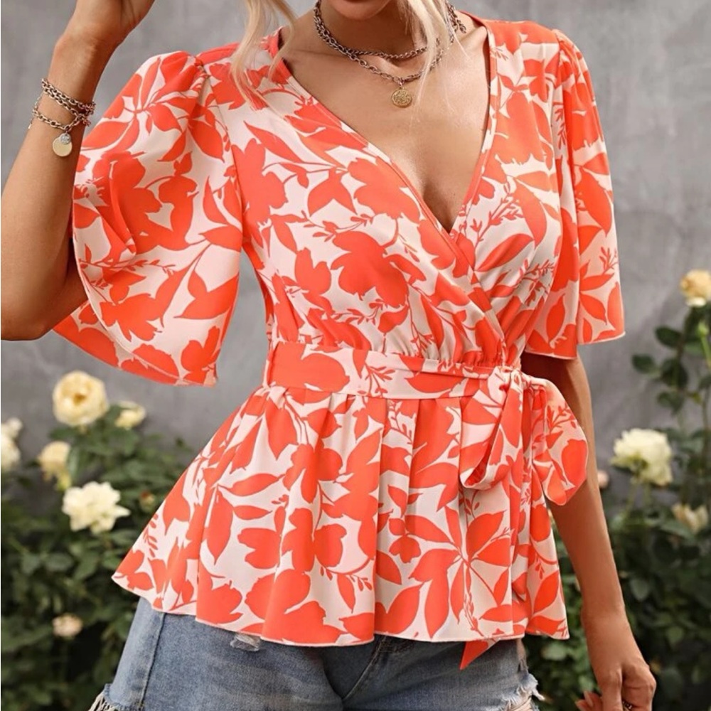 Boho floral print butterfly sleeve belted blouse - Picture 8 of 12